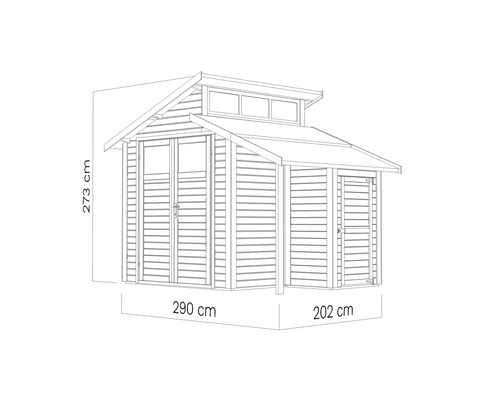 Illustratie van een tuinhuis met de afmetingen 273 bij 290 bij 202 centimeter.