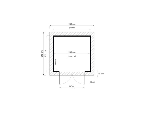 Plattegrondtekening van een tuinhuis met afmetingen