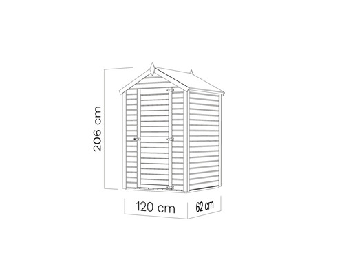 Tekening van een tuinhuis met de afmetingen 206 cm hoogte, 120 cm breedte en 62 cm diepte.