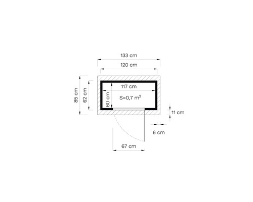 Plattegrond met afmetingen van een kamer met deur en raam