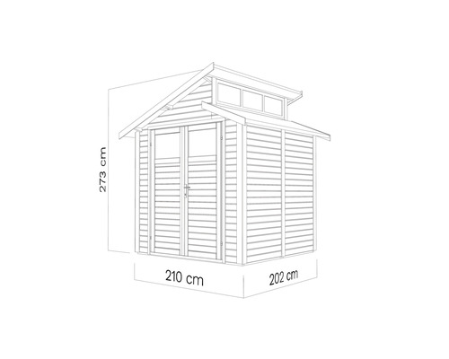 Afbeelding van een tuinhuis met de afmetingen 273 cm hoogte, 210 cm breedte en 202 cm diepte