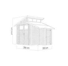 Tekening van een tuinhuis met aanbouw en afmetingen
