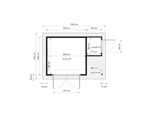 Plattegrond met afmetingen in centimeters en oppervlakte in vierkante meters