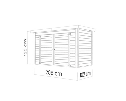 Afbeelding van een tuinhuis met de afmetingen 206 cm breed, 102 cm diep en 135 cm hoog