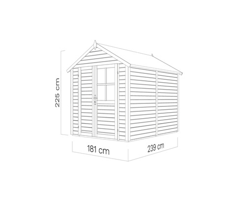 Illustratie van een tuinhuis met de afmetingen 181 cm x 239 cm x 225 cm.