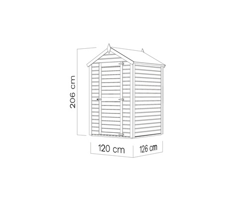 Afbeelding van een tuinhuis met de afmetingen 206 cm hoog, 120 cm breed en 126 cm diep.