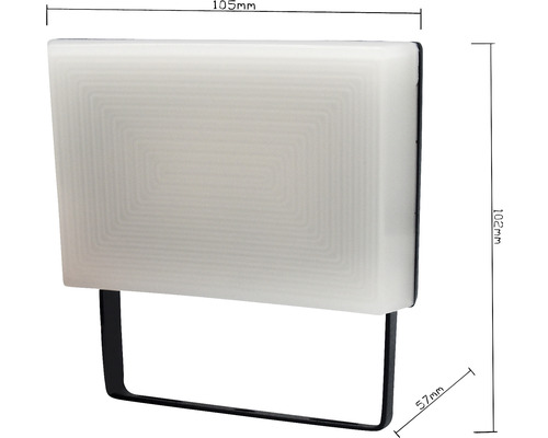 LED wandlamp met de afmetingen 105 mm breedte, 102 mm hoogte en 57 mm diepte.