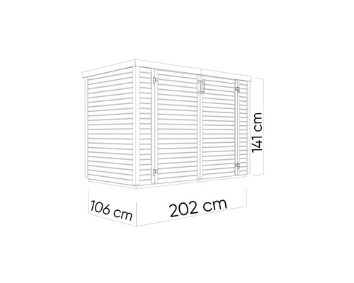 Afbeelding van een gereedschapsschuur met de afmetingen 202 cm breed, 141 cm hoog en 106 cm diep.