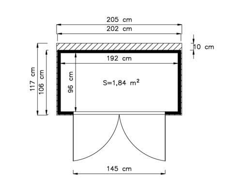 Plattegrond met afmetingen: 205 cm breed, 117 cm hoog, oppervlakte 1,84 vierkante meter