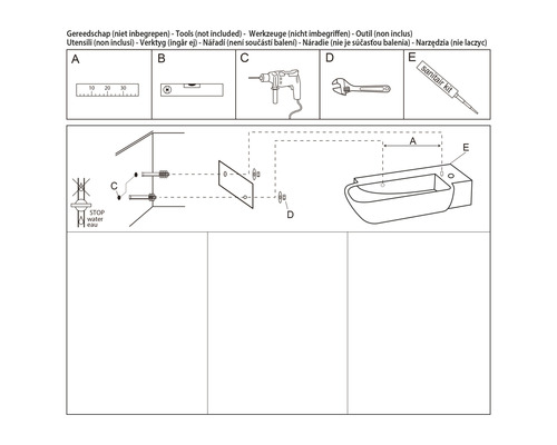 Montagehandleiding voor een sanitair product met gereedschapslijst