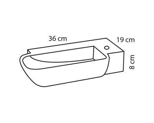 Tekening van een wastafel met de afmetingen 36 cm breed, 19 cm diep en 8 cm hoog