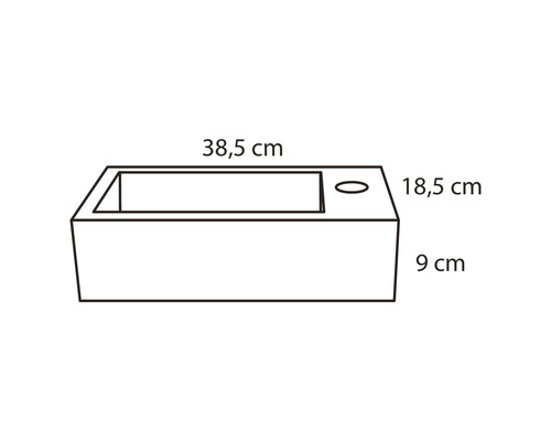 Tekening van een wastafel met maatvoering.