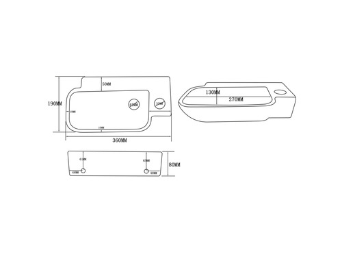 Technische tekening van een opzetwastafel met afmetingen