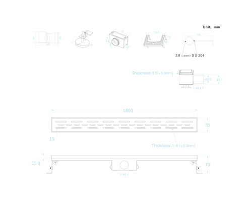 Technische tekening van een douchegoot met afmetingen en materiaalaanduiding roestvrij staal 304.
