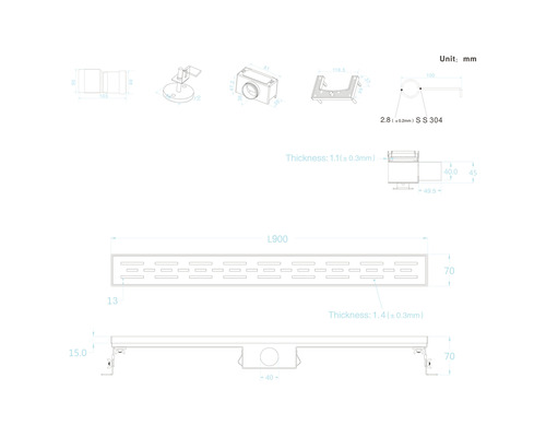 Technische tekening van een douchegoot met afmetingen.