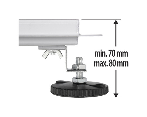 Detailopname van een in hoogte verstelbare meubelpoot met een verstelbereik van 70 mm tot 80 mm