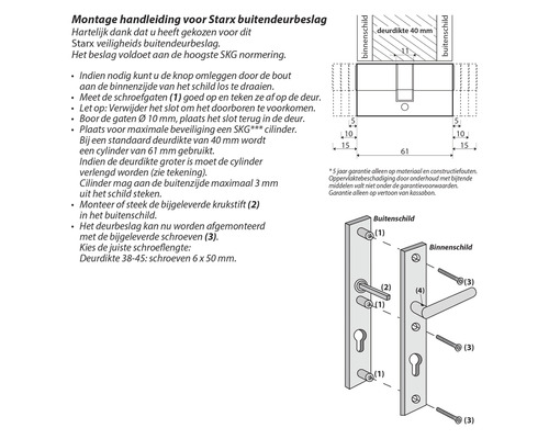 Montagehandleiding voor deurbeslag met maataanduidingen en onderdelen