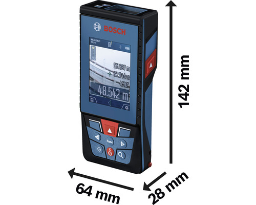 Bosch laser afstandsmeter met afmetingen 142 millimeter hoogte, 64 millimeter breedte en 28 millimeter diepte