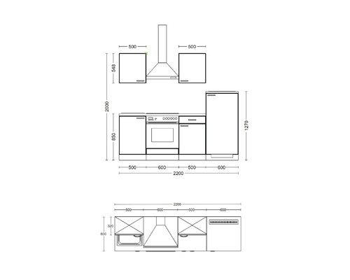 Technische tekening van een keuken met afmetingen.