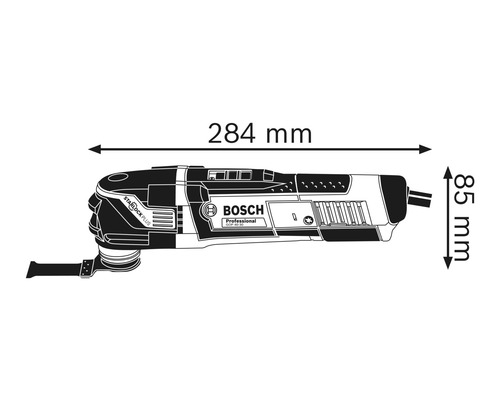 Bosch multifunctioneel gereedschap met afmetingen van 284 mm lengte en 85 mm hoogte