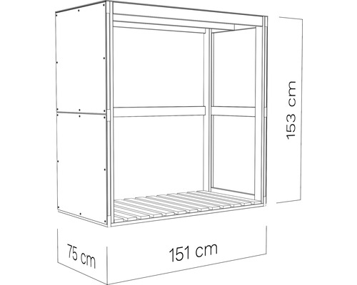 Houtopslagrek met afmetingen 153 cm hoog, 151 cm breed en 75 cm diep