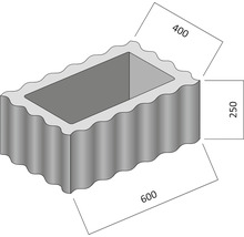 Afbeelding van een plantenbaksteen met afmetingen van 600 x 400 x 250 millimeter.