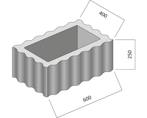 Afbeelding van een plantenbaksteen met afmetingen van 600 x 400 x 250 millimeter.