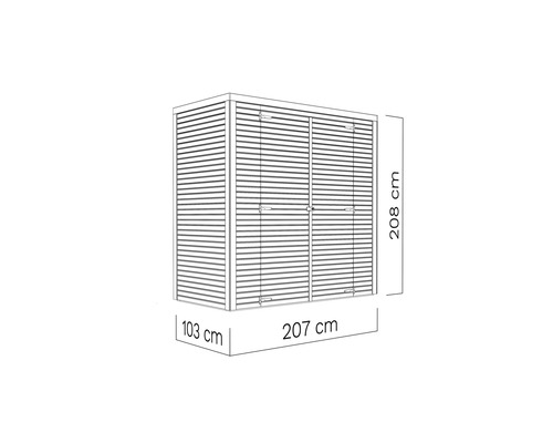 Tuinkast met afmetingen 208 cm hoogte, 207 cm breedte en 103 cm diepte.