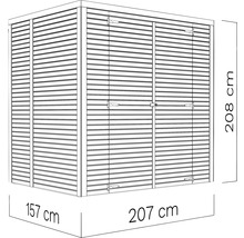 Illustratie van een gereedschapsschuur met afmetingen van 207 bij 157 bij 208 centimeter