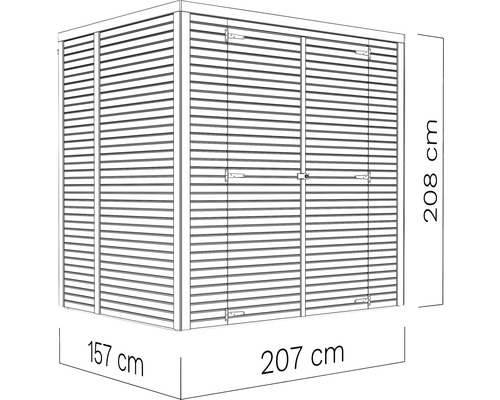 Illustratie van een gereedschapsschuur met afmetingen van 207 bij 157 bij 208 centimeter