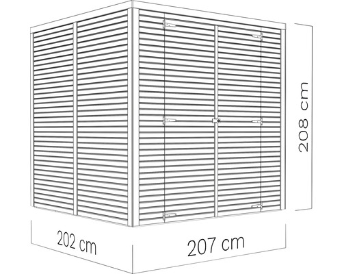 Afbeelding van een tuinhuis met de afmetingen 202 cm bij 207 cm bij 208 cm.