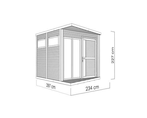 Afbeelding van een tuinhuis met de afmetingen 297 cm bij 234 cm bij 227 cm.