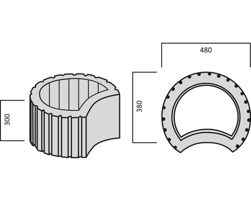 Technische tekening van een putring met de afmetingen 300, 380 en 480