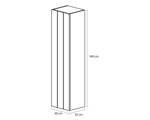 Illustratie van een 160 centimeter hoge, 40 centimeter brede en 35 centimeter diepe hoge kast