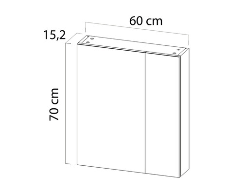 Schets van een badkamerkast met afmetingen van 70 cm hoog, 60 cm breed en 15,2 cm diep