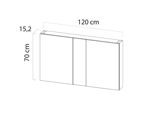 Schets van een spiegelkast met de afmetingen 120 cm breed, 70 cm hoog en 15,2 cm diep.