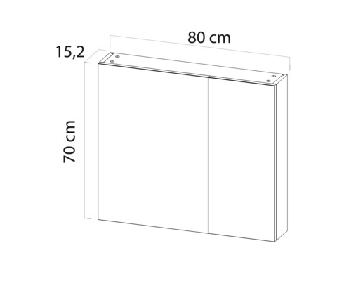 Technische tekening van een spiegelkast met de afmetingen 80 cm breed, 70 cm hoog en 15,2 cm diep.