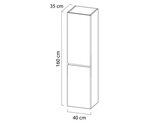 Afbeelding van een 160 centimeter hoge, tweedelige badkamerkast van 35 bij 40 centimeter.