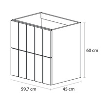 Tekening van een wastafelonderkast met afmetingen van 59,7 cm bij 45 cm bij 60 cm.
