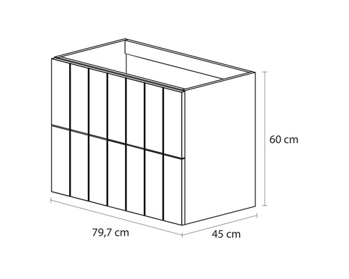 Tekening van een wastafelonderkast met de afmetingen 79,7 cm breed, 60 cm hoog en 45 cm diep.