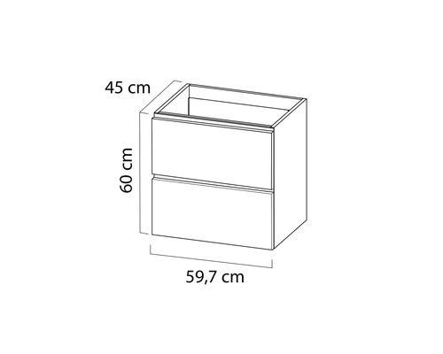 Tekening van een wastafelonderkast met de afmetingen 45 cm, 60 cm en 59,7 cm