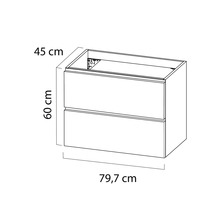 Schets van een wastafelonderkast met afmetingen van 45 cm x 60 cm x 79,7 cm