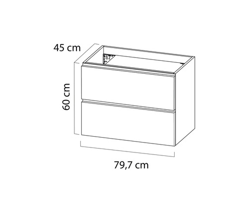 Schets van een wastafelonderkast met afmetingen van 45 cm x 60 cm x 79,7 cm