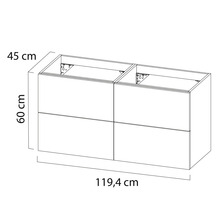Tekening van een badkameronderkast met afmetingen van 45 cm diep, 60 cm hoog en 119,4 cm breed.