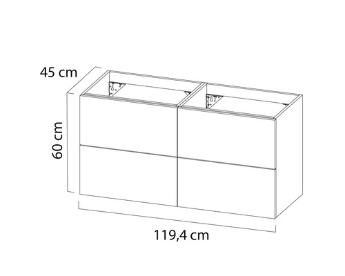Tekening van een wastafelonderkast met maatvoering 45 cm diepte, 60 cm hoogte en 119,4 cm breedte.