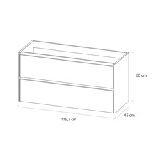 Onderkast met twee lades en de afmetingen 119,7 cm bij 60 cm bij 45 cm.