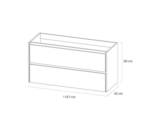 Onderkast met twee lades en de afmetingen 119,7 cm bij 60 cm bij 45 cm.