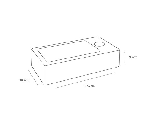 Tekening van een wastafelonderkast met de afmetingen 37,5 cm lengte, 18,5 cm breedte en 9,5 cm hoogte.