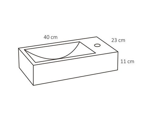 Schets van een wastafel met de afmetingen 40, 23 en 11 centimeter