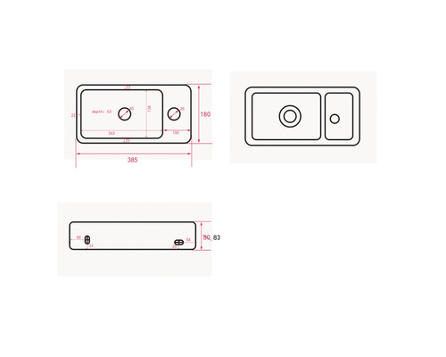 Tekening van een spoelbak met wasbak en afdruipvlak met afmetingen